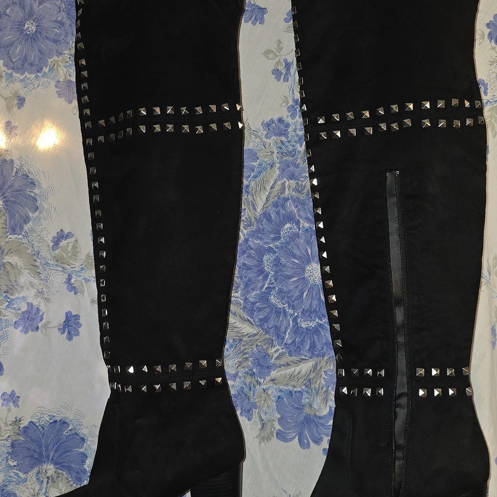 Sexy Ashro Black Over the Knee Boots with Silver Studs